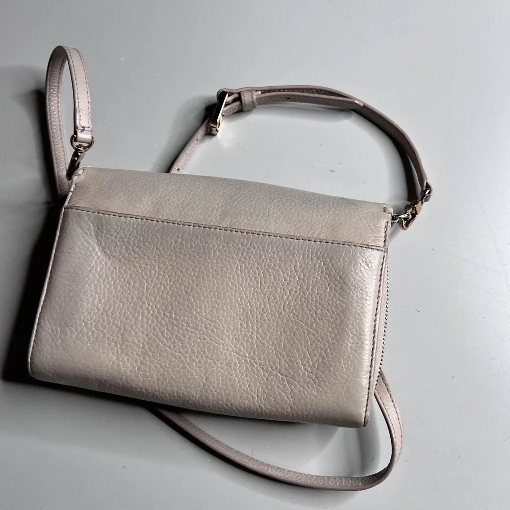 Tory Burch Crossbody Bag Womens Small Beige Leather Flap Wallet‎ Whipstitch Logo